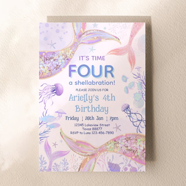 Invitation Anniversaire 4 Ans Mermaid Shellabratio (Time FOUR A Shellabration Mermaid 4th Birthday Invitation)