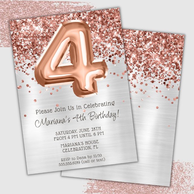 Invitation anniversaire 4 ans Rose Gold Silver (Créateur téléchargé)