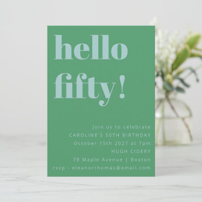 Invitation Anniversaire 50 ans Bold Blue Green Mignon Simple  (Debout devant)