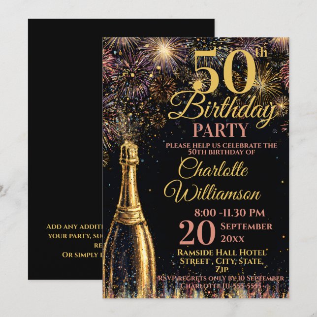 Invitation Anniversaire 50 ans Bulles Feux d'Artifice Or Rose (Devant / Derrière)