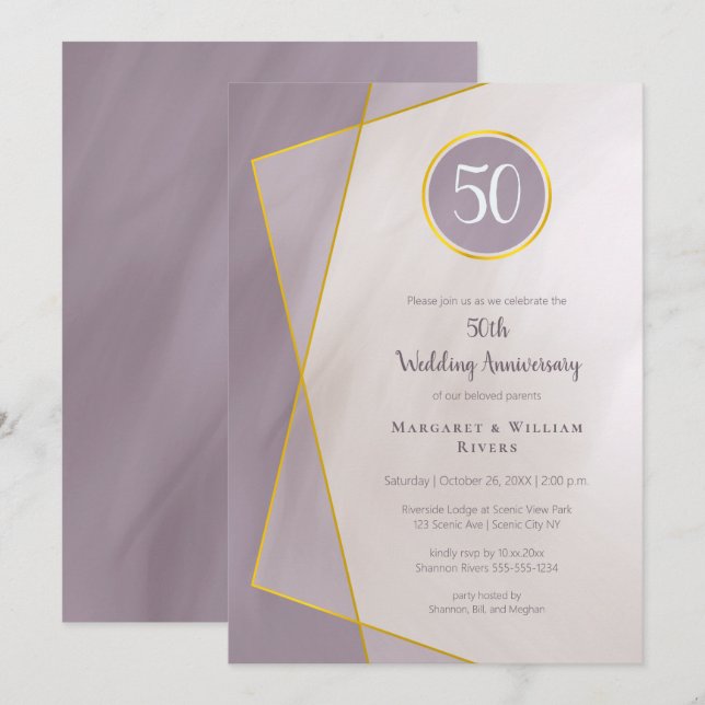 Invitation anniversaire 50 ans cadre or prune atténué (Devant / Derrière)