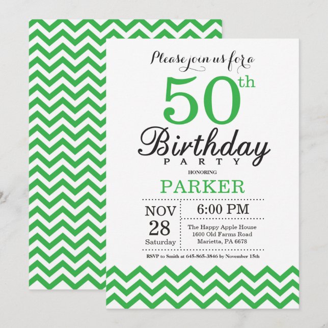 Invitation Anniversaire 50 ans Chevron Vert (Devant / Derrière)