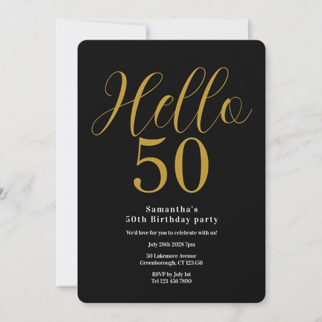 Invitation Anniversaire 50 ans Chic Noir Or (Devant)