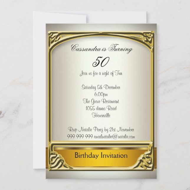 Invitation Anniversaire 50 Ans Crème Or Art Déco (Devant)
