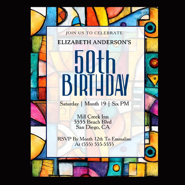 Invitation Anniversaire 50 ans Cubiste Moderne (Modern colorful abstract 50th birthday invitation for elegant milestone celebration
)