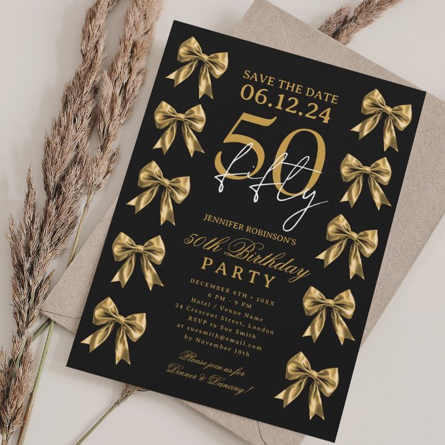 Invitation anniversaire 50 ans fête d'anniversaire (Gold Coquette Bow Save Date 50th Birthday Party Invitation)