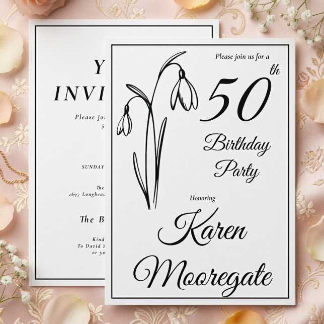 Invitation Anniversaire 50 ans Fleur de perce-neige Noir et B (Snowdrop 50th birthday invitation)