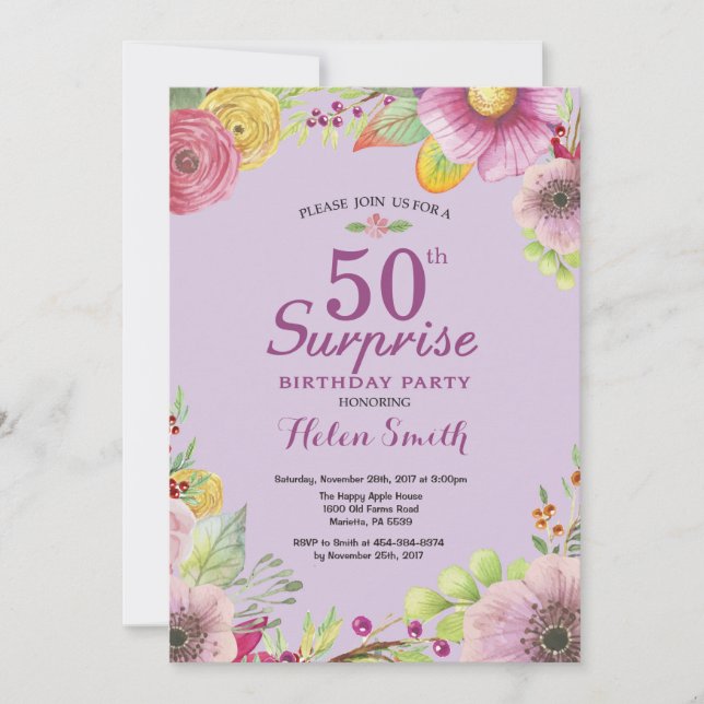 Invitation Anniversaire 50 ans Floral Surprise Vio (Devant)