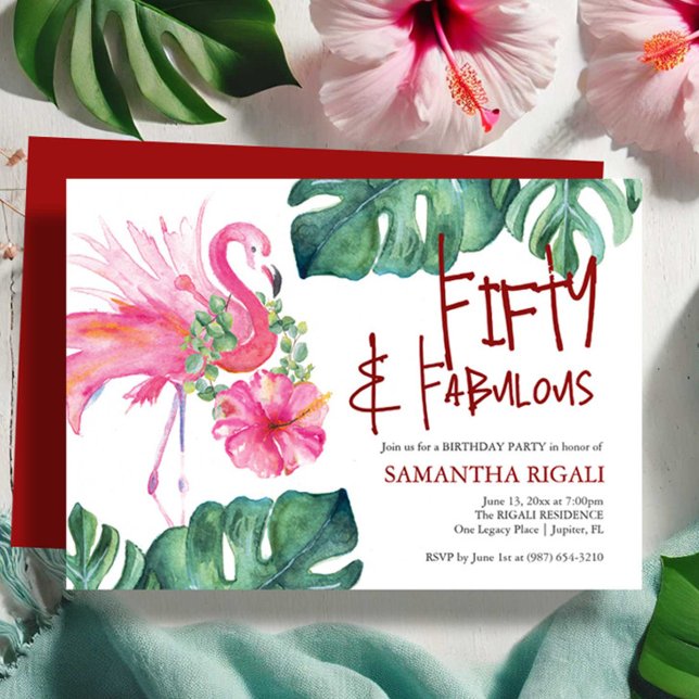 Invitation anniversaire 50 ans Fun Flamant Tropica (Fifty and fabulous birthday invitations tropical watercolor pink flamingo by Victoria Grigaliunas)
