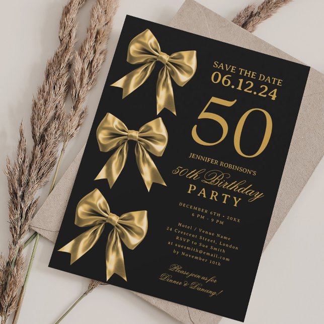 Invitation anniversaire 50 ans Gold Coquette Bow S (Gold Coquette Bow Save The Date 50th Birthday Invitation)