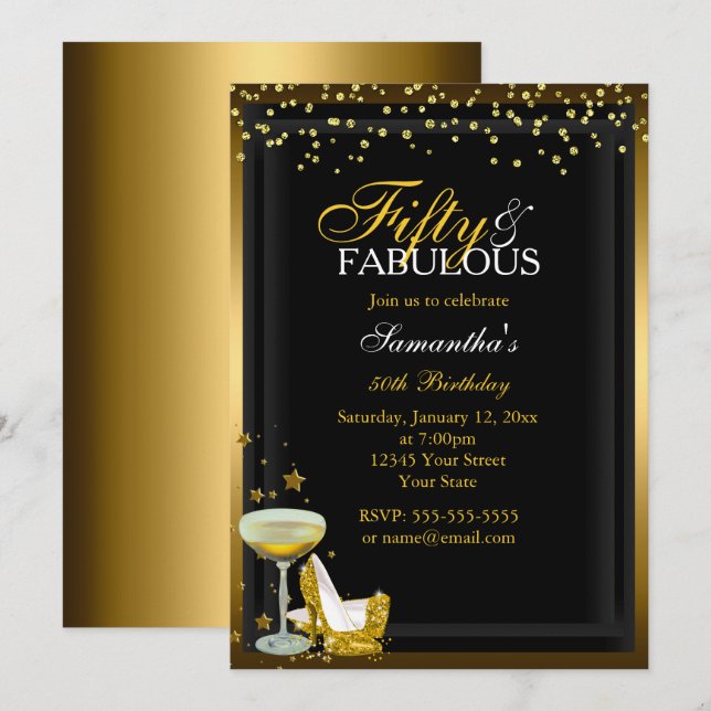Invitation Anniversaire 50 Ans Gold Sparkle Fabulo (Devant / Derrière)