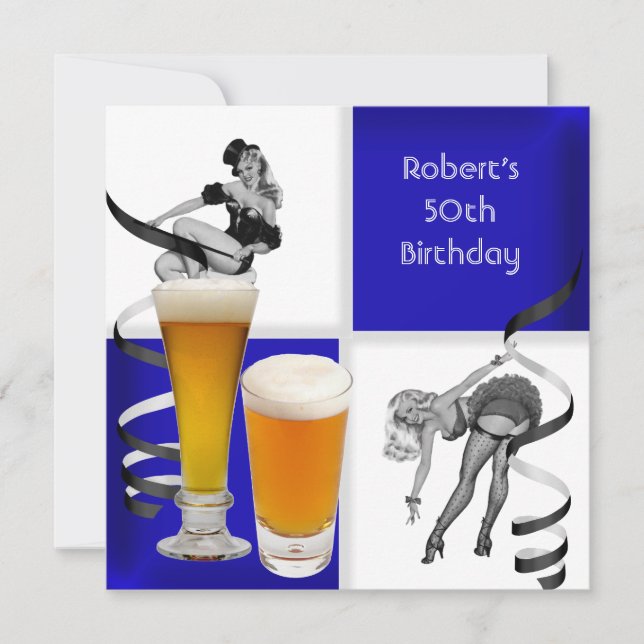 Invitation Anniversaire 50 ans Homme Blue Check Retro Fille B (Devant)