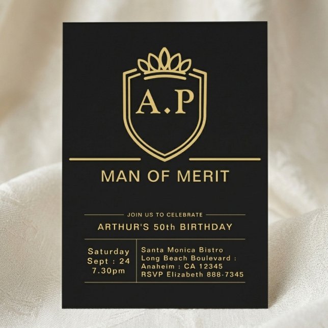 Invitation Anniversaire 50 ans Mari 50 Ans Fête Noir Or (50th birthday invite on cloth background.)