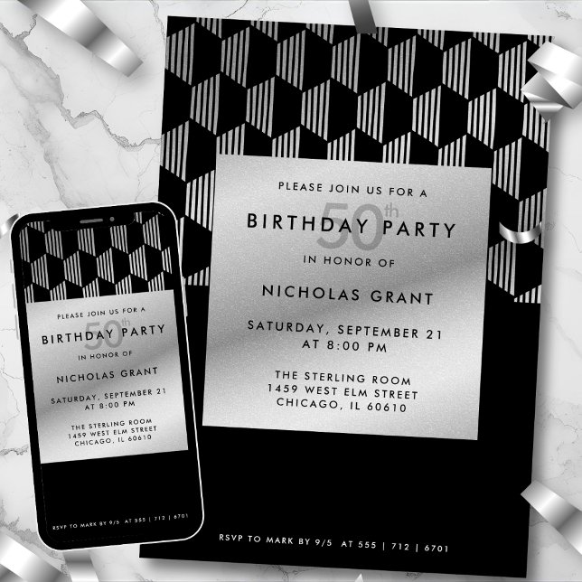 Invitation Anniversaire 50 ans Moderne Noir Faux Argent Feuil (Créateur téléchargé)
