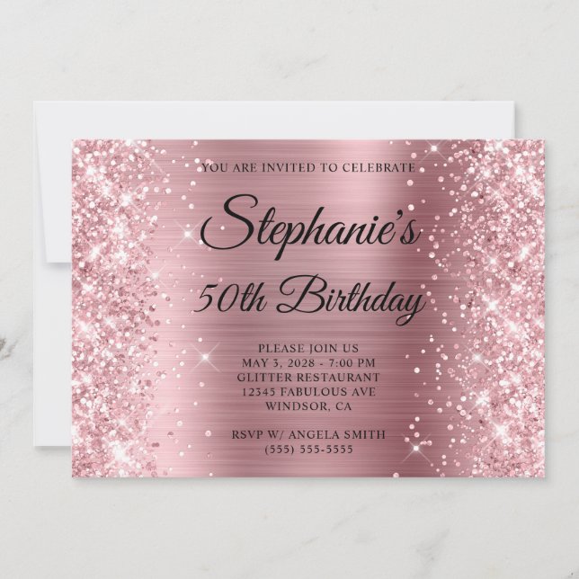 Invitation Anniversaire 50 Ans Monogramme Pailleté Rose Clair (Devant)