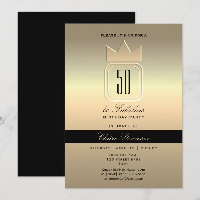 Invitation Anniversaire 50 ans Or Moderne (Devant / Derrière)