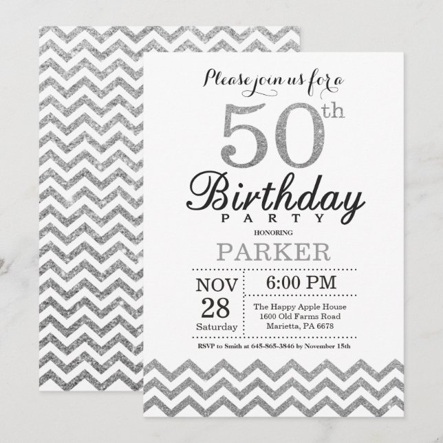 Invitation Anniversaire 50 ans Paillettes Argentée (Devant / Derrière)