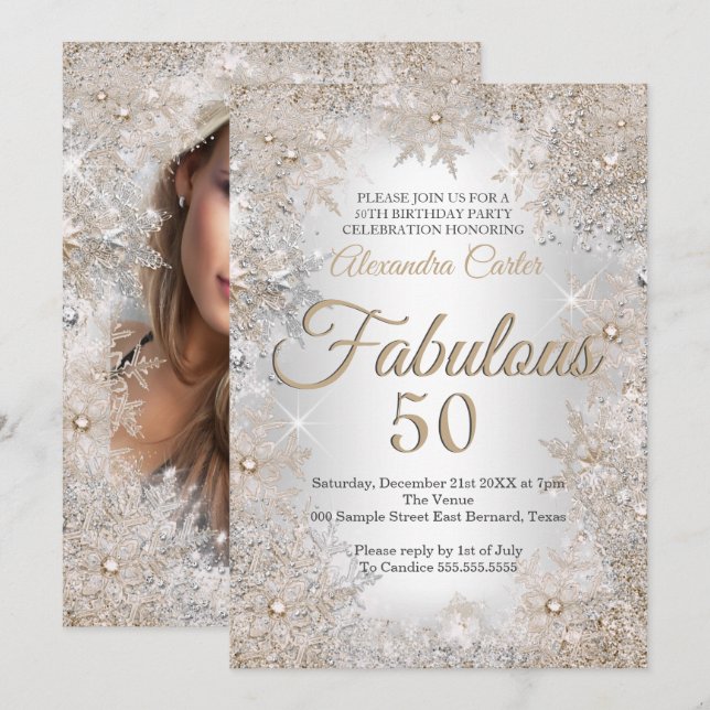 Invitation Anniversaire 50 ans Photo Incroyable Flocon de nei (Devant / Derrière)