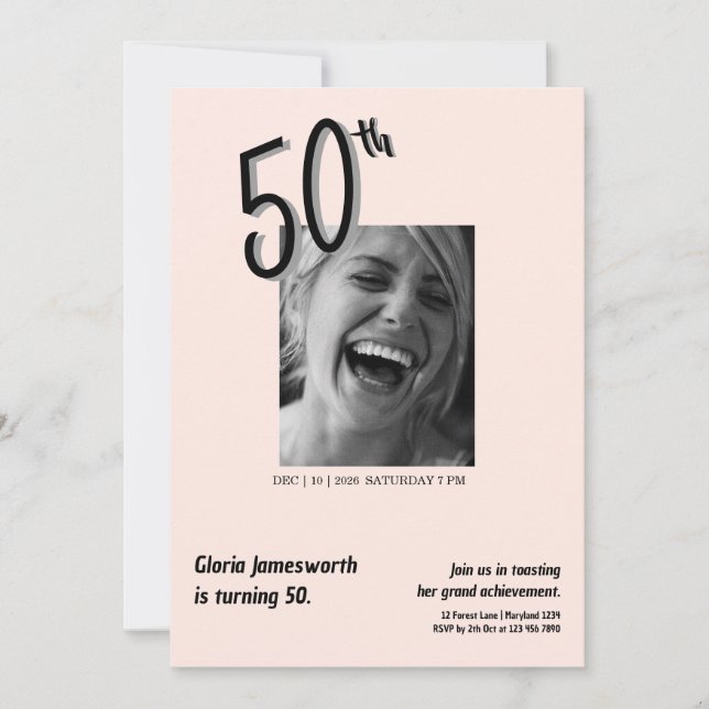 Invitation anniversaire 50 ans photo rose clair mo (Devant)