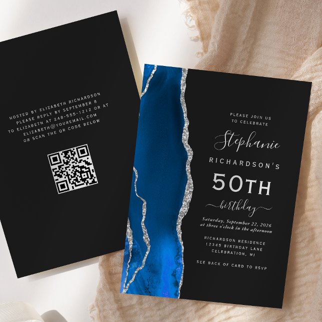 Invitation Anniversaire 50 ans QR Code Bleu Royal Agate Argen (Créateur téléchargé)