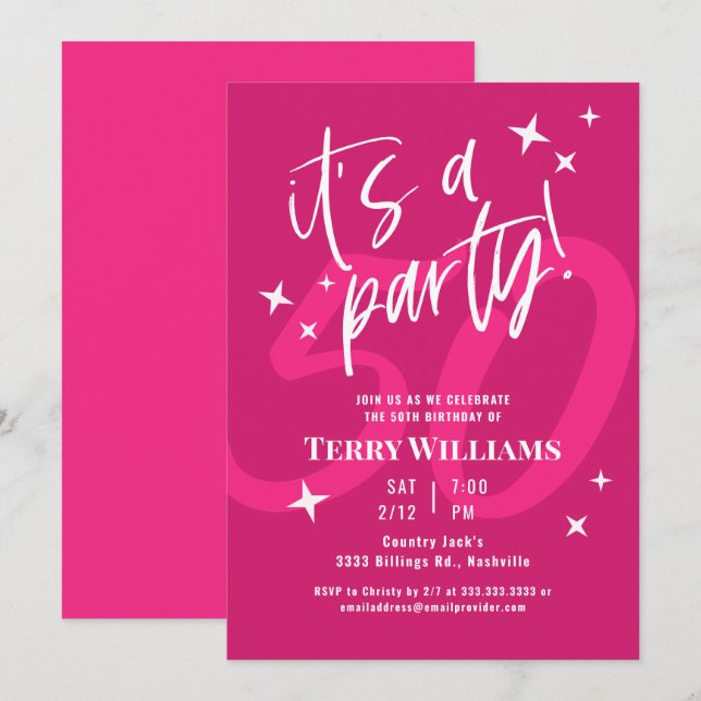 Invitation anniversaire 50 ans rose chaud (Devant / Derrière)