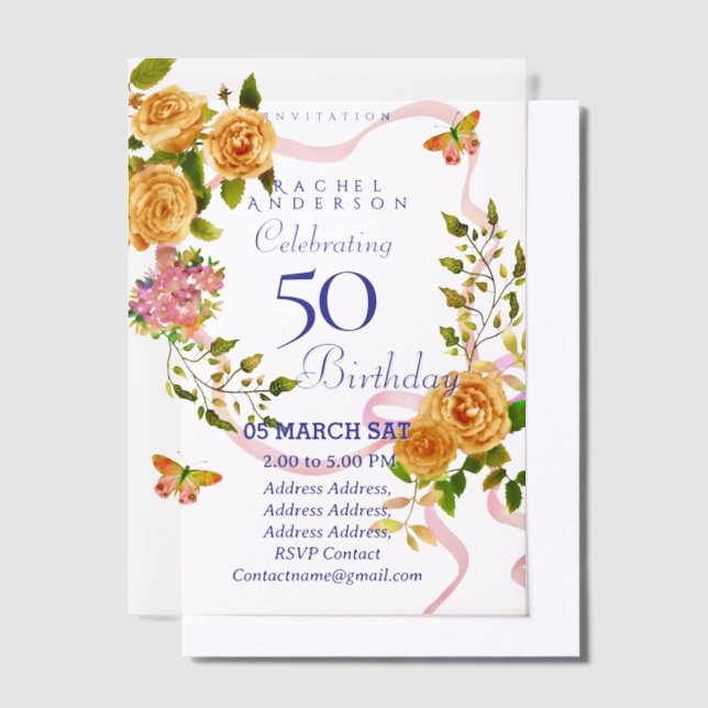 Invitation Anniversaire 50 ans Ruban Rose Or (Compenser)