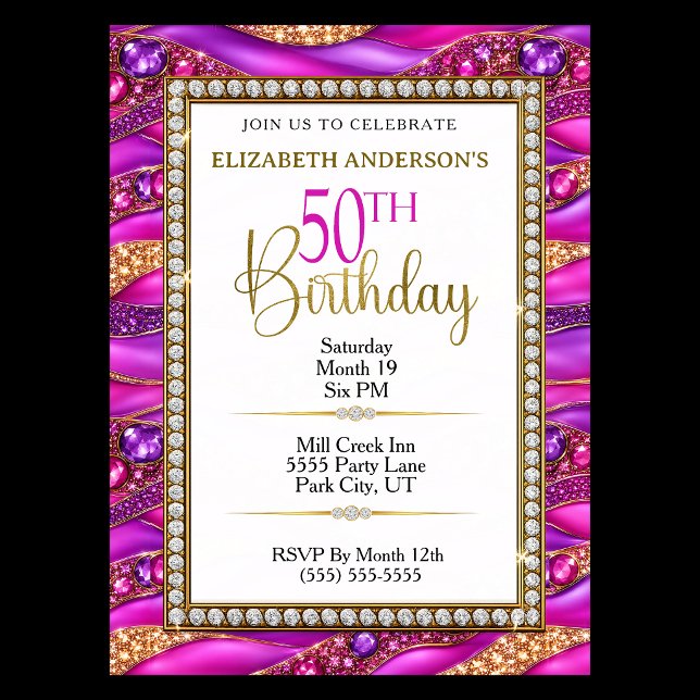 Invitation Anniversaire 50 Ans Strata Or Rose Glam (Elegant pink, purple and gold jeweled 50th birthday party invitation with diamond accents.
)