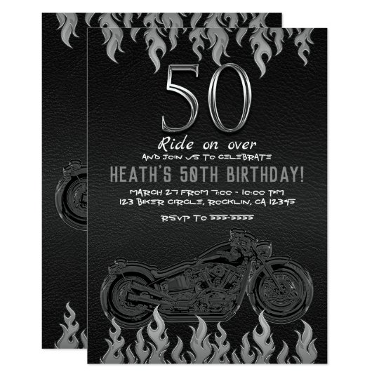 Invitation Anniversaire 50 Argente En Cuir Noir De Moto Zazzle Fr