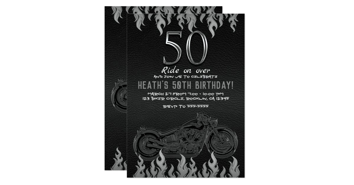 Invitation Anniversaire 50 Argente En Cuir Noir De Moto Zazzle Fr