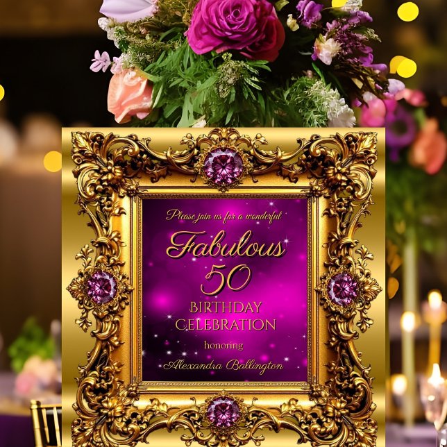 Invitation Anniversaire 50 Fabuleux Violet Rose Or Gemme (Créateur téléchargé)