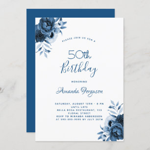 Invitation Anniversaire 50 fleurs bleues écriture blanche