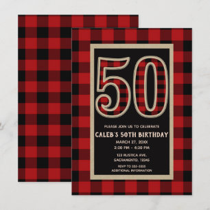 Invitation Anniversaire 50 rouge rustique de plaid