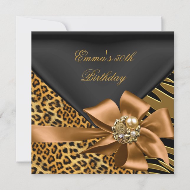 Invitation Anniversaire 50e Zebra Leopard Gold Noir (Devant)