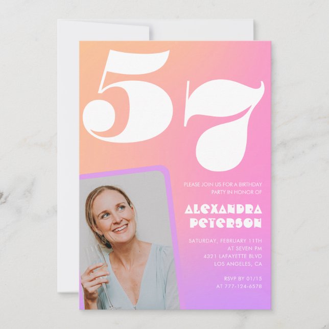 Invitation anniversaire 57 ans dégradé rose Photo  (Devant)