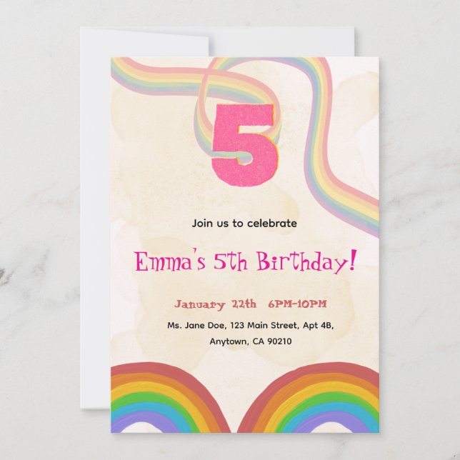 Invitation anniversaire 5 ans à paillettes arc-en- (Devant)