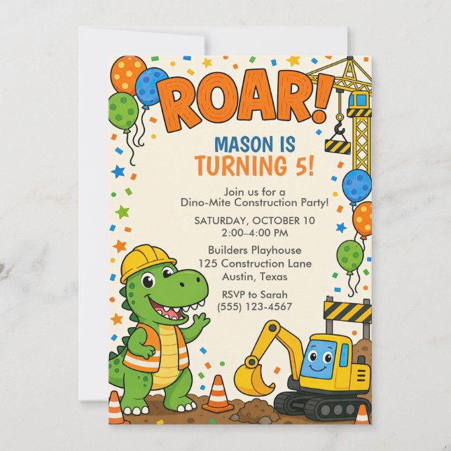 Invitation Anniversaire 5 ans Construction Dinosaure Vert Ora (Devant)
