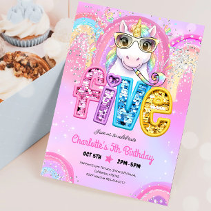 Invitation Anniversaire 5 ans Licorne Arc-en-ciel Pailleté