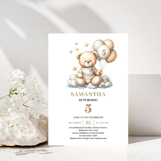 Invitation Anniversaire 5 ans Ours en Peluche Ball (5th Birthday Invite Teddy Bear Gold Ivory Theme)