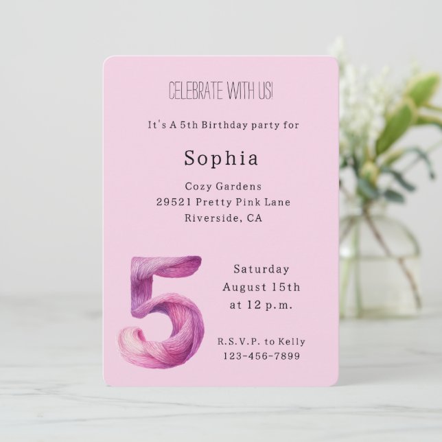 Invitation Anniversaire 5 ans Rose Lavande Violet Douillet (Debout devant)