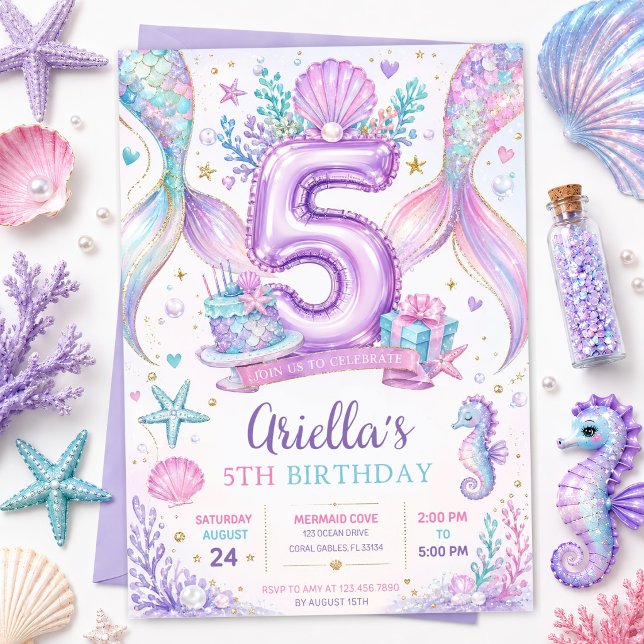 Invitation anniversaire 5 ans Sirène modifiable (Créateur téléchargé)