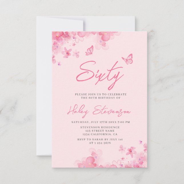 Invitation Anniversaire 60 ans aquarelle douce florale rose p (Devant)