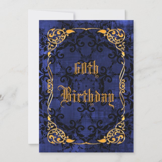 Invitation Anniversaire 60 ans Bleu gothique et doré encadré (Devant)