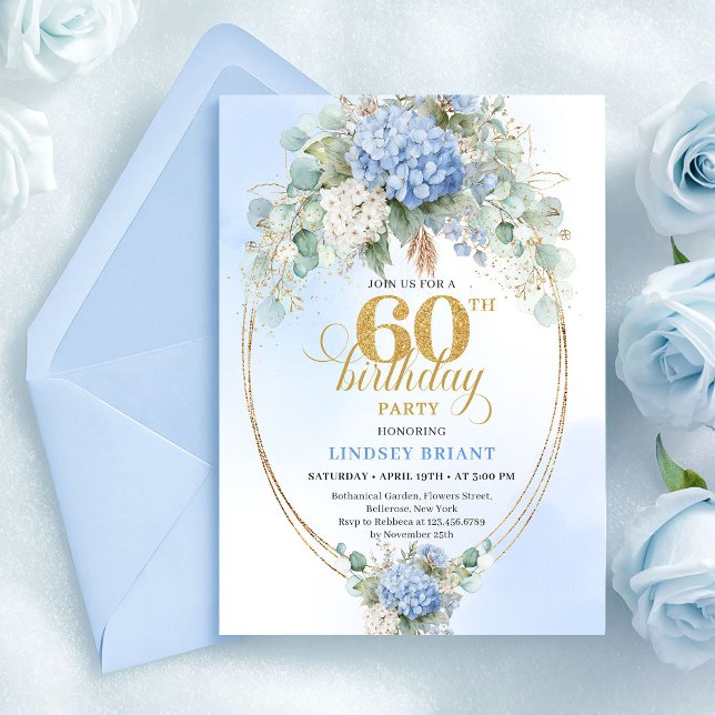 Invitation Anniversaire 60 ans Bleu Or Bohème Élégant (Graceful Bohemian Soft Blue Gold 60th Birthday)