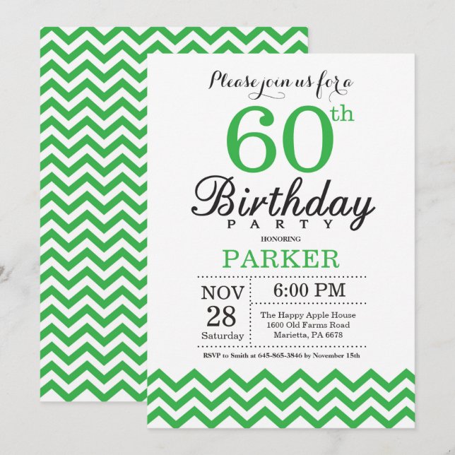 Invitation Anniversaire 60 ans Chevron Vert (Devant / Derrière)