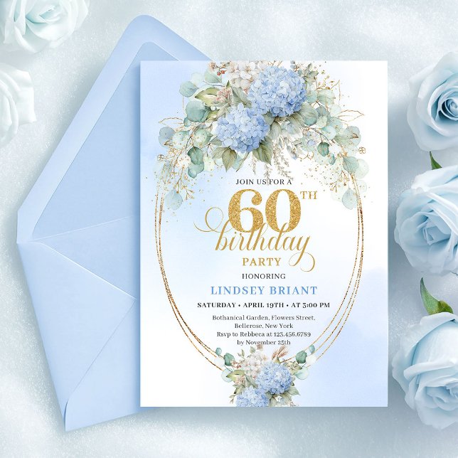 Invitation Anniversaire 60 ans classique bohème bleu doux ver (Classic Bohemian Soft Blue Greenery 60th Birthday)