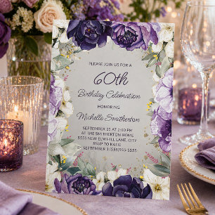 Invitation Anniversaire 60 ans élégant paillettes fleurs viol