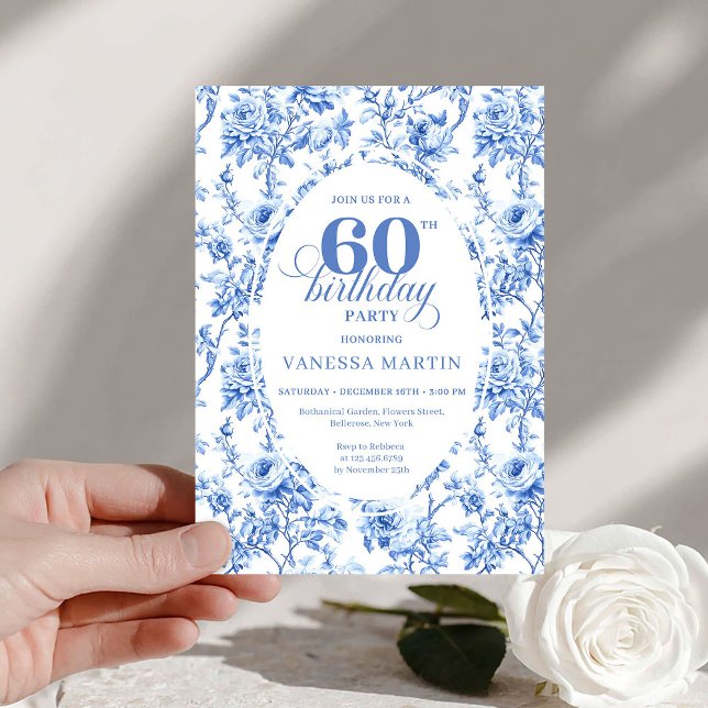 Invitation anniversaire 60 ans élégant toile de Jo (Elegant Navy Toile Roses 60th Birthday Invite Digital

)