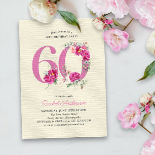 Invitation anniversaire 60 ans Fleur de pivoine ro