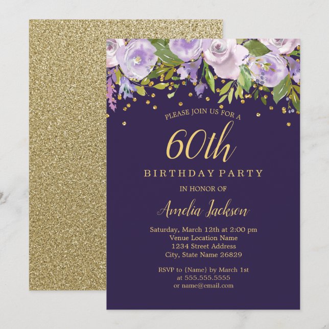 Invitation Anniversaire 60 ans Fleurie Étincelle V (Devant / Derrière)