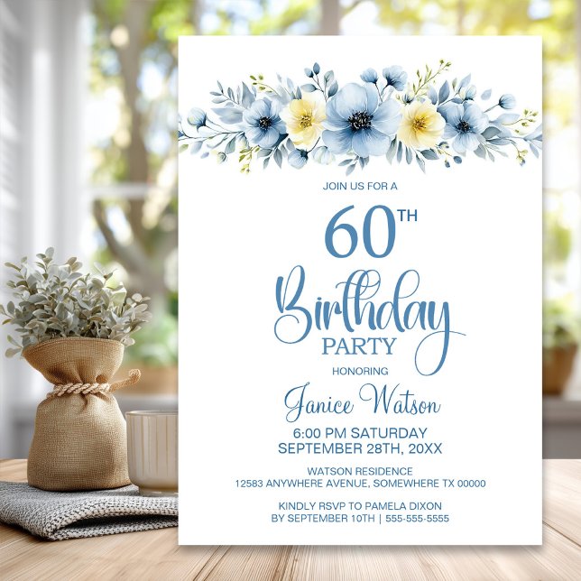 Invitation Anniversaire 60 Ans Fleurs Bleues et Ja (Créateur téléchargé)